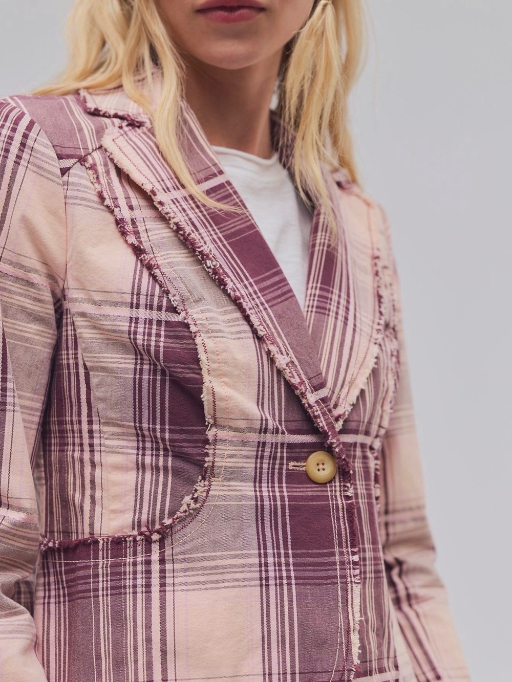 Free People Whip Smart Plaid Distressed Cotton Blazer in Peach and Maroon, NWT - Picture 3 of 4